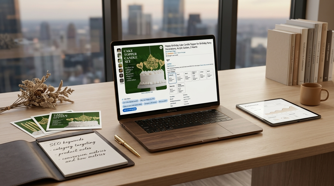 Creative workspace with a tablet showing a neutral image grid